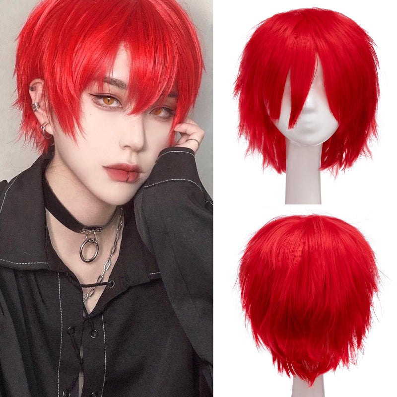 S-noilite Short Red Cosplay Wig Fluffy Straight Synthetic Hair Short Red Anime Wig Women Male Mens' Costume Wigs for Halloween Comic-cons Party - Image 1